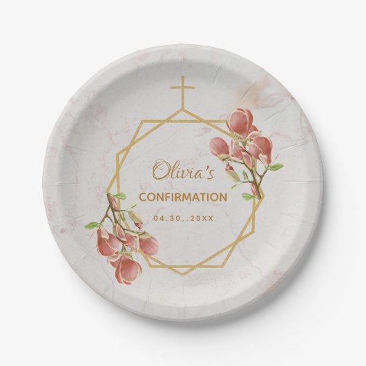 Assiettes En Carton Confirmation Fille Marbre rose Magnolia Géométriqu (Devant)