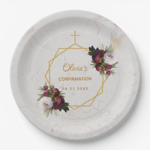 Assiettes En Carton Confirmation Floral Burgundy Peonies Marble Gold