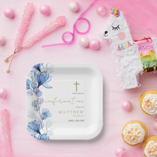 Assiettes En Carton Confirmation florale transparente en bleu Dusty (Fête)