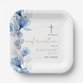 Assiettes En Carton Confirmation florale transparente en bleu Dusty (Recto)