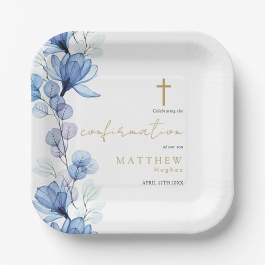 Assiettes En Carton Confirmation florale transparente en bleu Dusty (Recto)