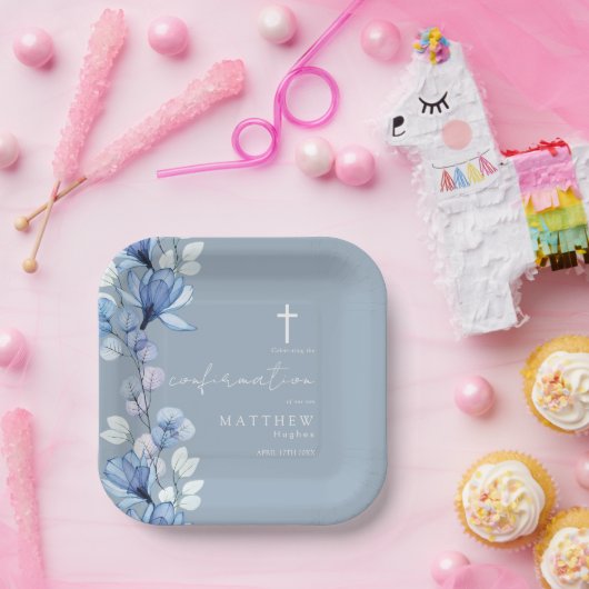 Assiettes En Carton Confirmation florale transparente en bleu Dusty (Fête)