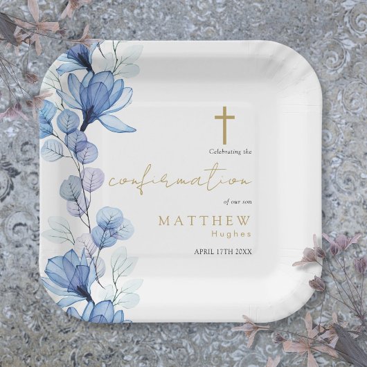 Assiettes En Carton Confirmation florale transparente en bleu Dusty