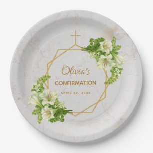 Assiettes En Carton Confirmation Marbre Blanc Lys Gold Cross Floral