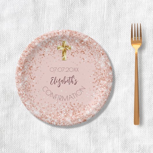 Assiettes En Carton Confirmation rose or confetti nom de fille