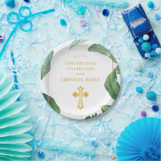 Assiettes En Carton Confirmation Trendy Green And Gold Cross (Fête)