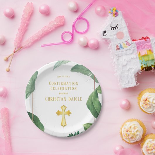 Assiettes En Carton Confirmation Trendy Green And Gold Cross (Fête)