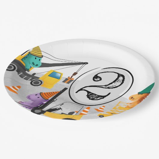 Assiettes En Carton Construction 2e fête d'anniversaire, Thème Dinosau (Angle)