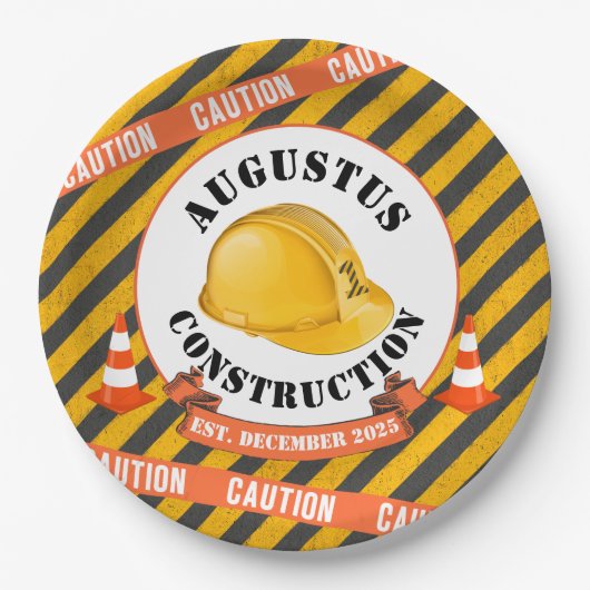 Assiettes En Carton Construction Casquette|Noir & Jaune 1er anniversai (Devant)