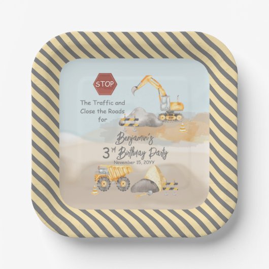 Assiettes En Carton Construction Dump Truck Boy 3e fête d'anniversaire (Recto)