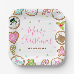 Assiettes En Carton Cookies de Noël Joyeux Noël Rose et Vert