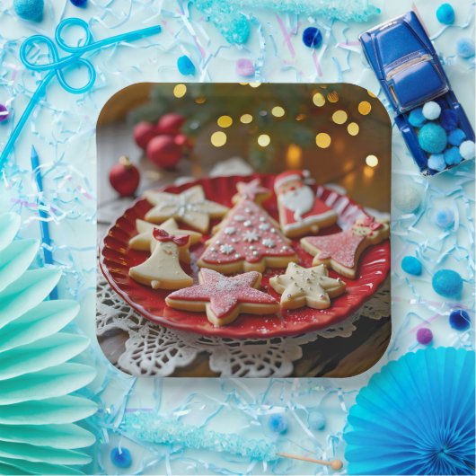 Assiettes En Carton Cookies de Noël sur une plaque rouge (Fête)