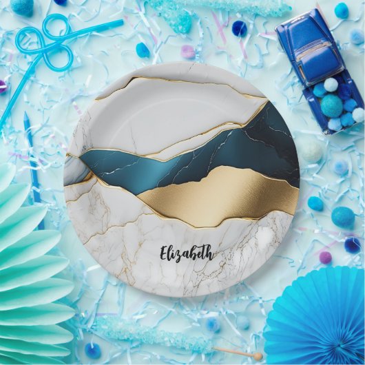 Assiettes En Carton Cool Blanc Turquoise Marbre Pierre Or (Fête)