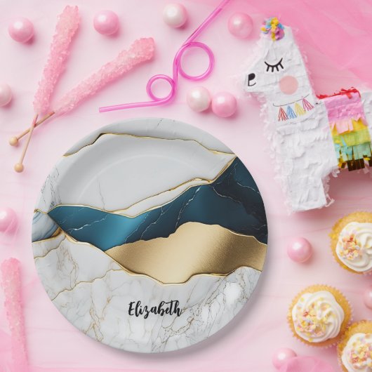 Assiettes En Carton Cool Blanc Turquoise Marbre Pierre Or (Fête)