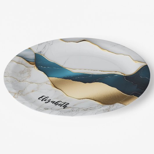 Assiettes En Carton Cool Blanc Turquoise Marbre Pierre Or (Angle)