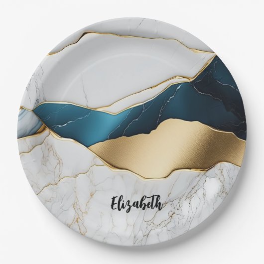 Assiettes En Carton Cool Blanc Turquoise Marbre Pierre Or (Devant)