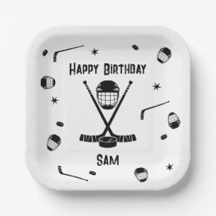 Assiettes En Carton Cool de hockey sur glace Noir et blanc fête d'anni