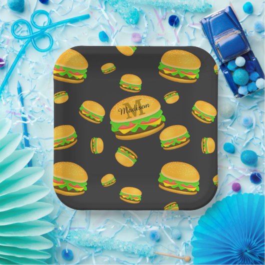 Assiettes En Carton Cool et amusant yummy burger motif Monogramme (Fête)