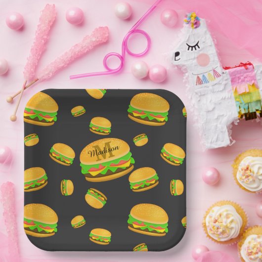 Assiettes En Carton Cool et amusant yummy burger motif Monogramme (Fête)