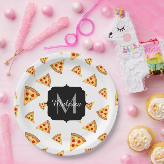 Assiettes En Carton Cool et fun pizza tranches motif Monogram blanc (Fête)