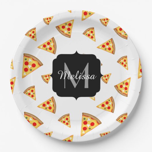 Assiettes En Carton Cool et fun pizza tranches motif Monogram blanc (Devant)