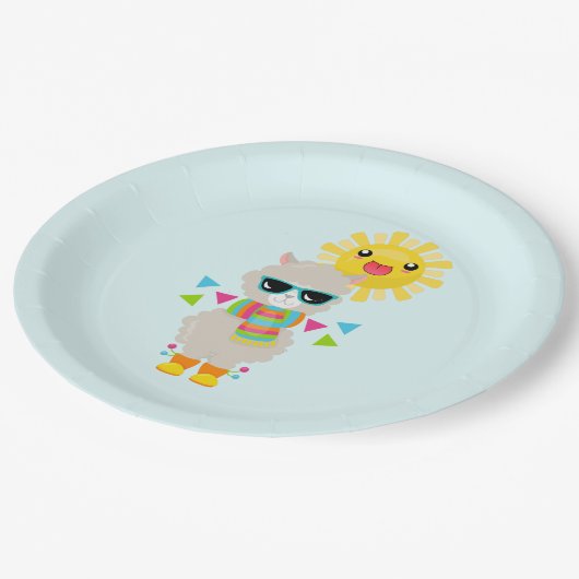 Assiettes En Carton Cool Llama et souriant Kawaii Sun (Angle)