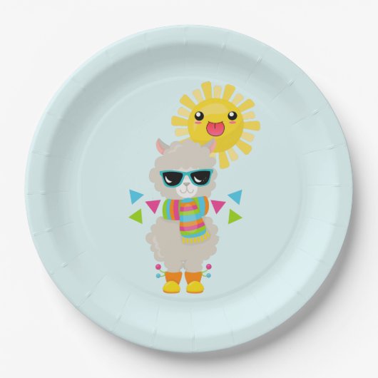 Assiettes En Carton Cool Llama et souriant Kawaii Sun (Devant)