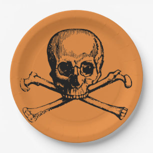 Assiettes En Carton Cool noir orange Pirate Skull Halloween fête