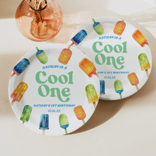 Assiettes En Carton Cool One Blue Retro Popsicle 1er anniversaire fête