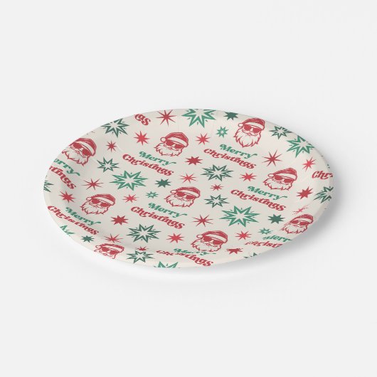 Assiettes En Carton Cool Père Noël retro Joyeux Noël fête rouge vert (Angle)
