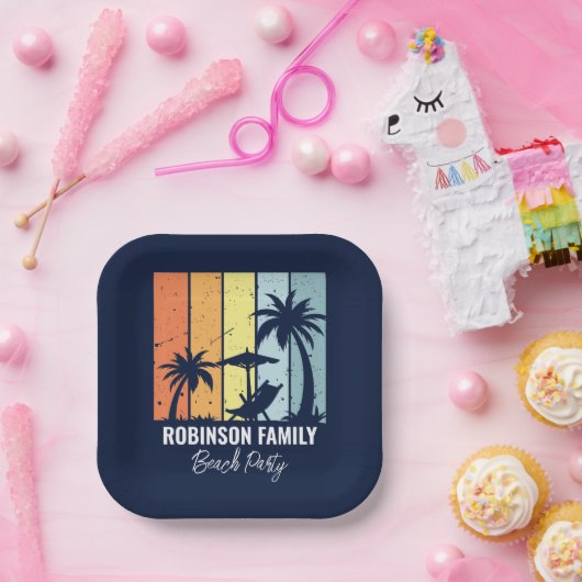Assiettes En Carton Cool Retro Beach Party Custom Navy (Fête)