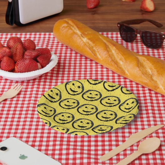 Assiettes En Carton Cool Sardé Joyeux visage souriant motif jaune (Pique-nique)