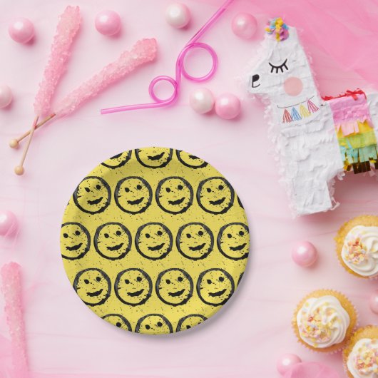 Assiettes En Carton Cool Sardé Joyeux visage souriant motif jaune (Fête)