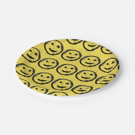 Assiettes En Carton Cool Sardé Joyeux visage souriant motif jaune (Angle)