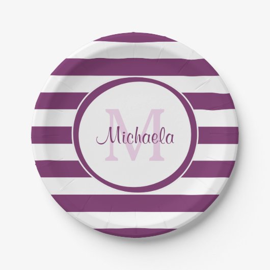 Assiettes En Carton Cool Solide Magenta Purple Stripes et Monogramme (Devant)