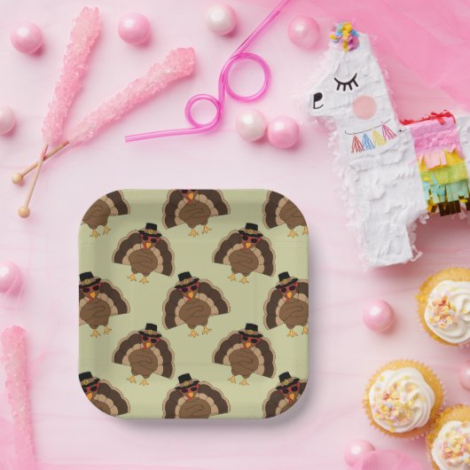 Assiettes En Carton Cool Turquie Thanksgiving fun brun vert motif (Fête)