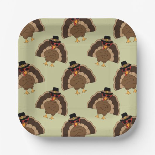 Assiettes En Carton Cool Turquie Thanksgiving fun brun vert motif (Recto)