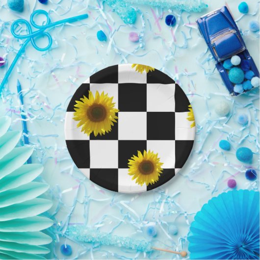 Assiettes En Carton Copie noire et blanche Checkered et de tournesol (Fête)