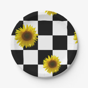 Assiettes En Carton Copie noire et blanche Checkered et de tournesol