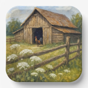 Assiettes En Carton Coq dans une cour de ferme, peinture à l'huile