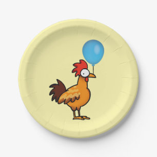 Assiettes En Carton Coq de dessin animé tenant un ballon bleu