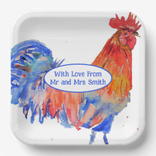 Assiettes En Carton Coq Rouge Poulet Bleu Aquarelle Mariage