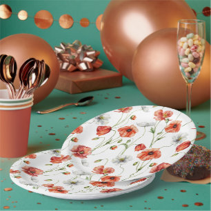 Assiettes En Carton Coquelicots et fleurs sauvages blanches de prairie