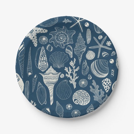 Assiettes En Carton Coques de mer sur bleu foncé (Devant)