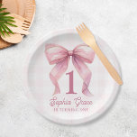 Assiettes En Carton Coquette à mâchoires roses 1er anniversaire<br><div class="desc">Cute Rose Bow Coquette 1ère Plaques Papier Anniversaire</div>