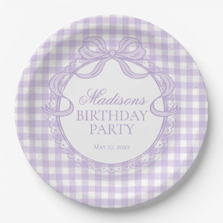 Assiettes En Carton Coquette à nœud en vichy violet Fête d'anniversair