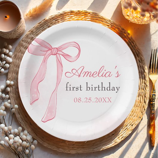 Assiettes En Carton Coquette Aquarelle rose mignonne Bow Anniversaire