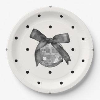 Assiettes En Carton Coquette Black Bow & Disco Ball Elégant Anniversai