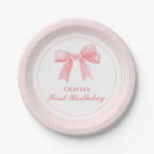 Assiettes En Carton Coquette Bow rose et rayures 1er anniversaire (Devant)