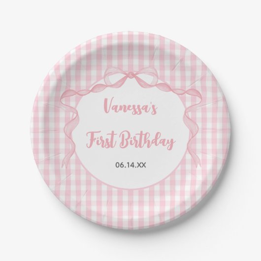 Assiettes En Carton Coquette Bow rose pâle 1er anniversaire (Devant)